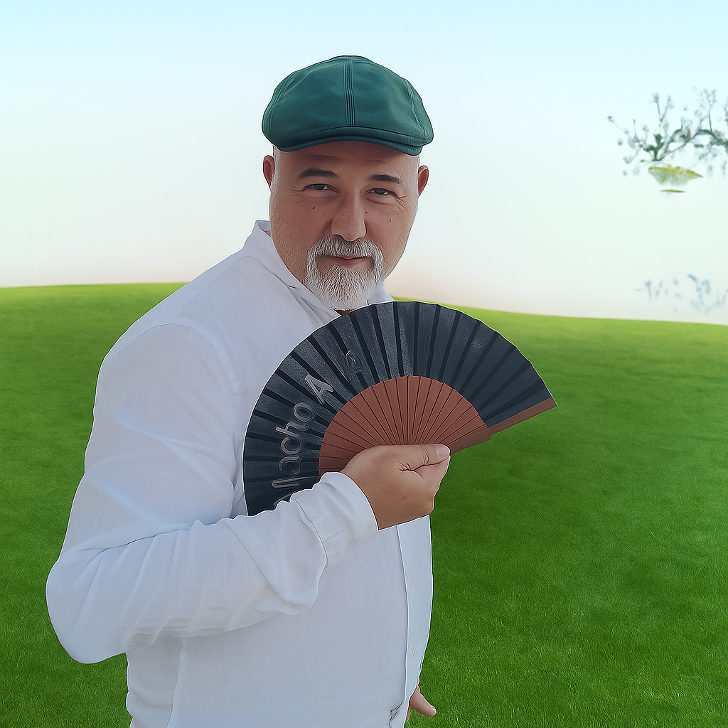 lui con ventaglio sul prato verde